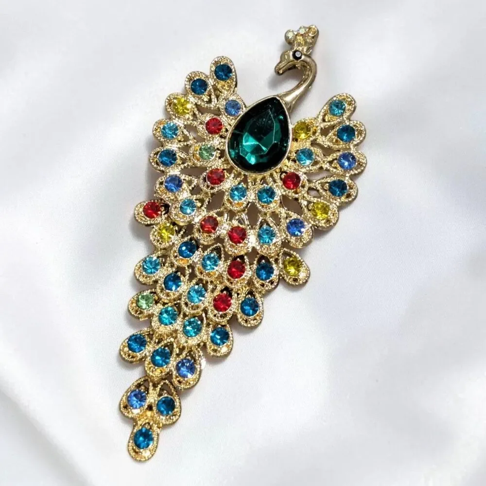 Colorful Rhinestone Peacock Brooch, Gold Tone, Maximalist Statement Bird Pin